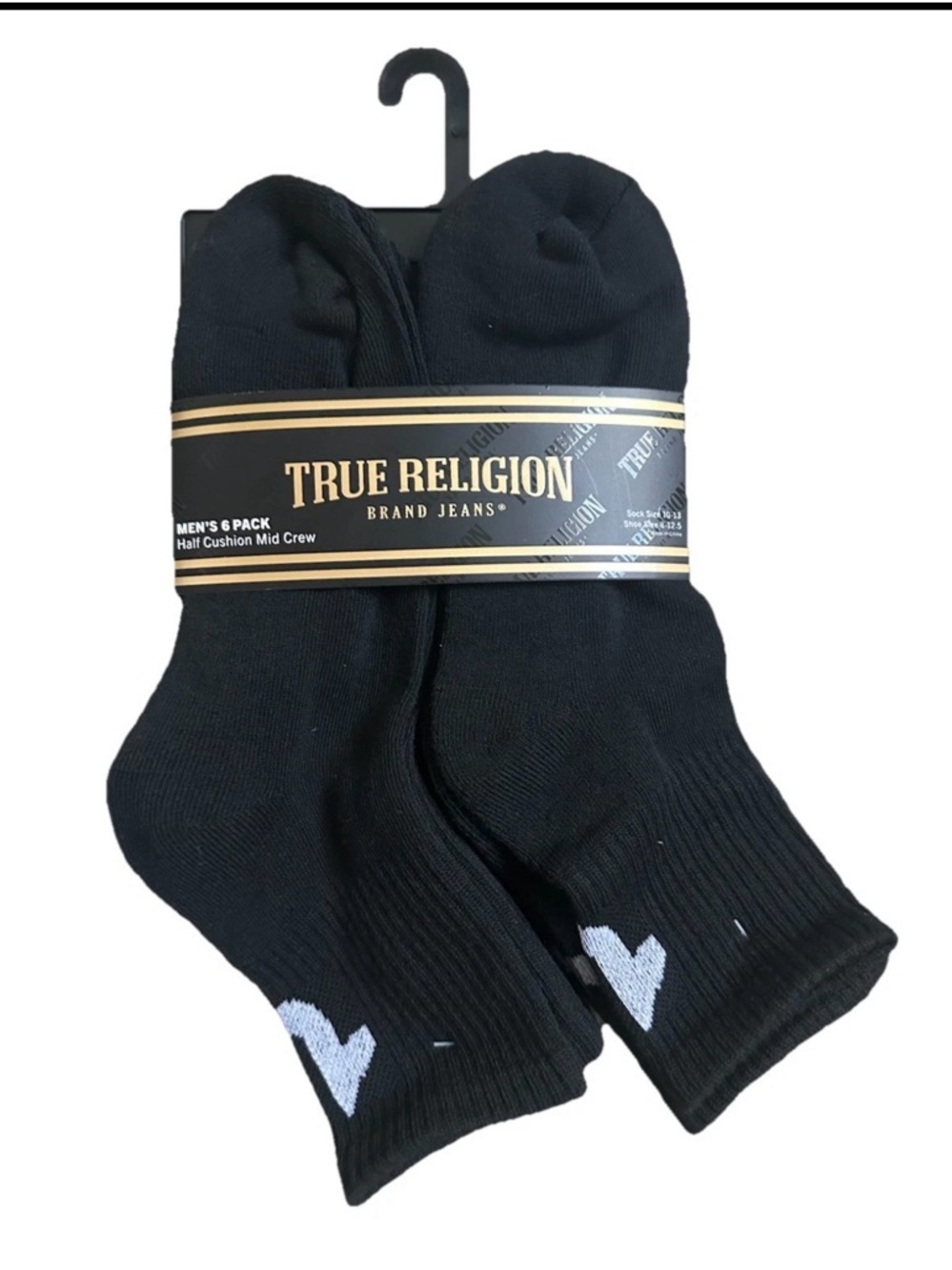 True Religion Crew Socks Men’s 6 Pack Black Mid Crew Half Cushion NWT